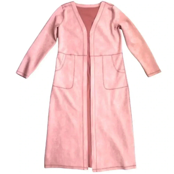 VINTAGE 90s PINK LONG JACKET COAT SUEDE LIKE OPEN STYLE STRETCH MEDIUM LARGE - Picture 1 of 11